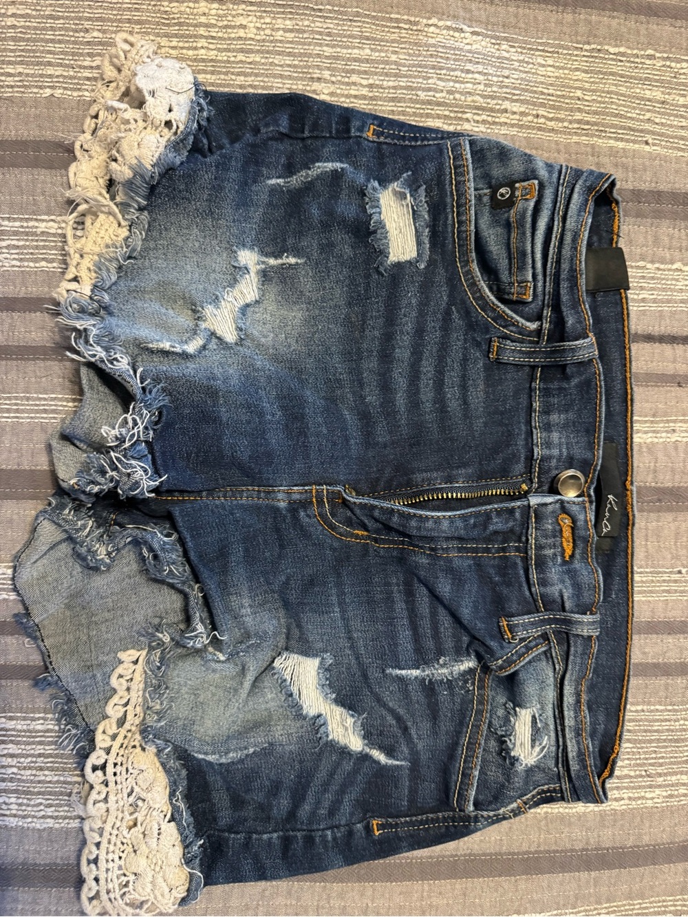 KanCan Blue Distressed Denim Shorts with Crochet Trim